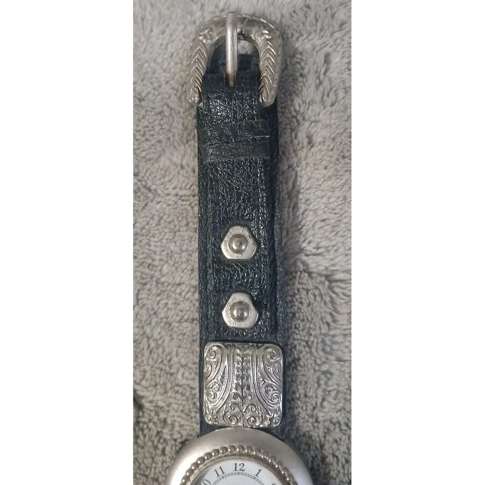 Vtg Futura Quartz Watch Women Silver Ornate Black Leather Band‎ Needs Battery